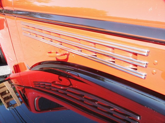 1946 Chevrolet De Luxe Stake Bed Truck side of hood